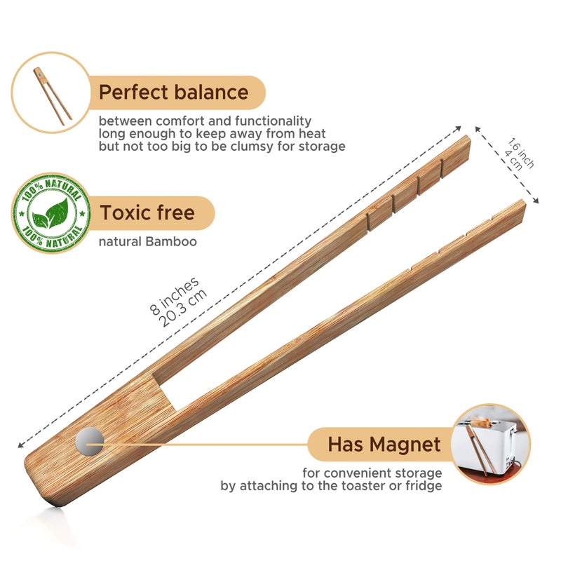 THREE WAY CUT Toaster Tongs With Magnet | Kitchen Utensils For Cooking and Holding Toast Bacon Muffin Bagel Bread | 8 Inch Long Natural Non Toxic Bamboo - Image 4